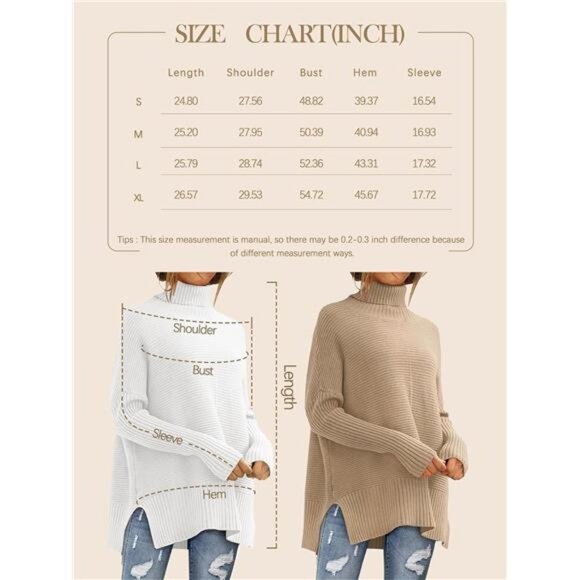 Women's Oversized Ribbed Turtleneck Sweater with Batwing Sleeves –Fall Tunic - Picture 7 of 7